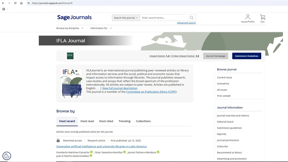 Pristup IFLA časopisu (IFLA journal) putem Nacionalne i univerzitetske biblioteke BiH